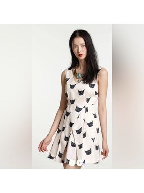 Anthropologie Cream Dress with Black Cat Print